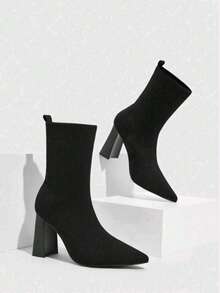 ISPORTE Elastic Booties For Women, With Thick Heel And Thin Toe, Made Of Elastic Fabric. Perfect For Valentine's Day, Graduations, End-Of-Year Parties, Vacations, Christmas And New Year's. - 黑色 - 查看 4