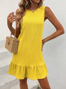 Breezaya Women Fashionable Solid Textured Ruffle Hem Sleeveless Dress Summer Vacation Beach Outfit Casual Holiday Plus Sun Short Dresses Yellow Summer Clothes - Mustard Yellow - View 3