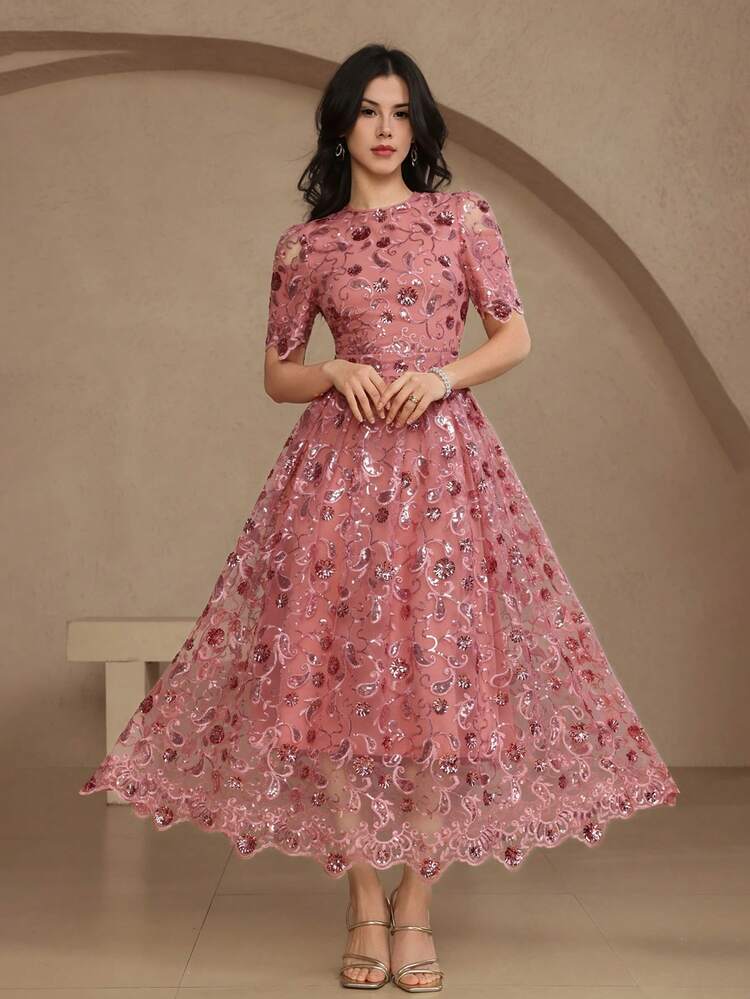 Women's Elegant Sequin Embroidered Mesh Puff Sleeve Midi Dress, Summer Wedding Guest Dress Sundress