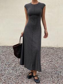 DAZY Vestido de verano de mujer elegante de unicolor, cuello redondo, sin mangas y de largo medio - Gris - Ver 6