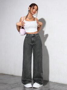 SHEIN ICON 大码女式松紧腰复古浅蓝色直筒牛仔裤 - 深灰色 - 查看 7