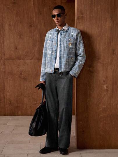 AKNOTIC Business Casual 男士格子印花前扣口袋长袖开衫外套