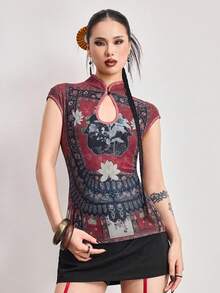 ROMWE Avant 复古中国风佛像图案抽绳女式衬衫 - 彩色 - 查看 2