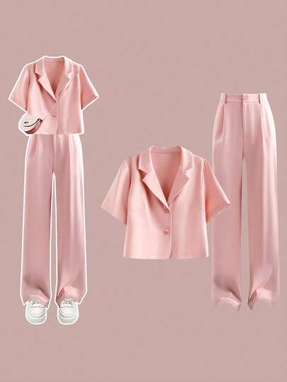 Sweetra Plus Size Women Solid Color Distressed Collar Short Sleeve Single-Breasted Shirt And Pants Casual 2 Pieces Set