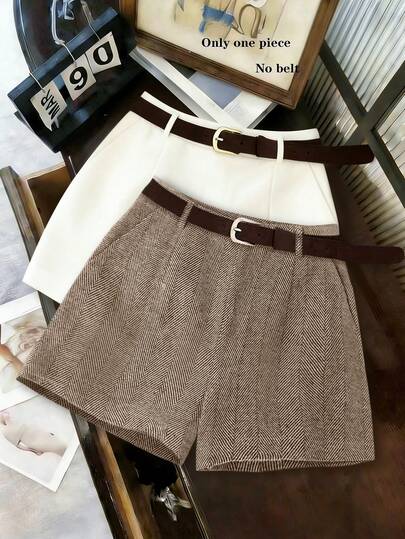 Franclia Women's Autumn/Winter Stylish Brown Plaid/Striped Wool Suit Shorts With Pockets; Women's Shorts (No Belt),Winter For Women,New Year ,White For New Year's Eve,Party,Beach,Elegant,Casual,Casual For Women,Romance, Valentine's Day, Dating,Graduation Season Attire, Fashionable Casual Commuter Wear, Business Office Wear, Versatile And Stylish Everyday Casual Wear, Urban Teacher's Professional Attire