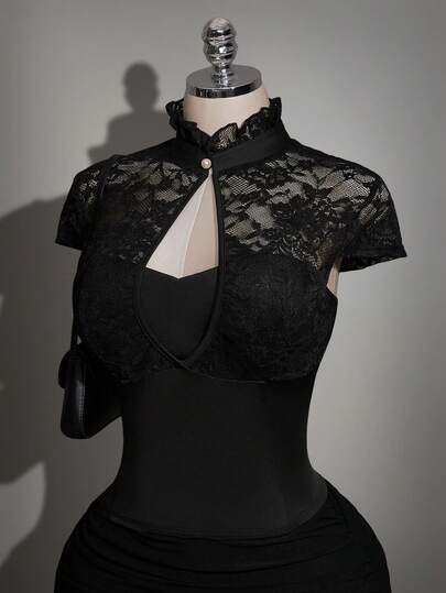 SHEIN ICON 大码Y2K性感二合一水滴领镂空中国风蕾丝针织上衣，蕾丝拼接性感镂空衬衫