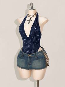 SHEIN ICON Áo liền thân nữ cổ chữ V xẻ cao, đính đá lấp lánh, kiểu yếm, hở lưng. - Màu xanh hải quân - Xem 7