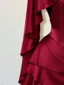 SHEIN ICON 女士缎面露背荷叶边修身迷你连衣裙，配腰带披肩 - 酒紅色 - 查看 8