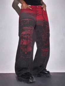 ROMWE MEN Quần Jeans Denim In Họa Tiết Thời Trang Thường Ngày Cho Nam - Đỏ - Xem 2