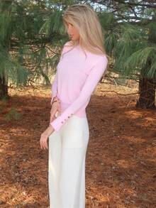 Sydney Algeri 女士百搭圆领休闲百搭长袖针织毛衣 - 淺粉色 - 查看 6