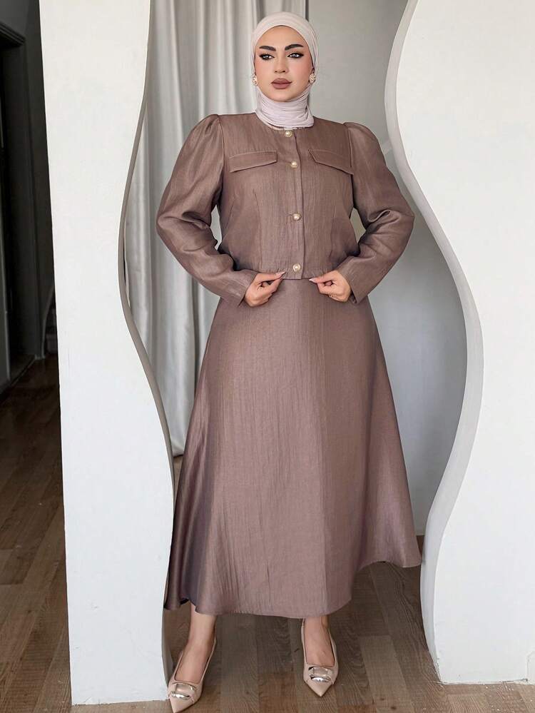 Dazy Plus 2pcs Set: Solid Color Faux Pocket Decor Long Sleeve Top & A-Line Skirt