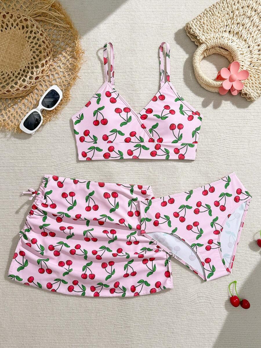 SHEIN Tween Girl Cherry Print Spaghetti Strap Bikini Set With Ruffle Skirt - Baby Pink - View 1