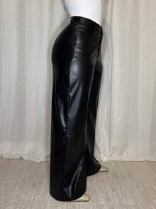 Dayanna Comas 女士皮革女裤纯色前扣简约休闲裤、日常穿着、女士下装 - 黑色 - 查看 6