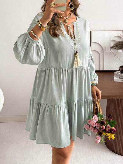 Ceyna Plus Size Women's Spring/Summer French Romantic Sicily Elegant Casual Commute Bohemian Vacation Afternoon Tea V-Neck Layered Hem Loose Drop Shoulder Long Sleeve Elastic Cuff Short Dress Women Vacation Dress Boho Dress Women Lantern Sleeve Dress Long Sleeve Summer Dress Cottagecore Dress