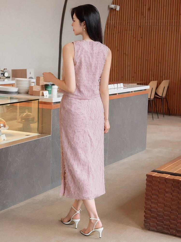 Women's Elegant Textured V-Neck Faux Pocket Camisole And Skirt 2-Piece Set, Summer,Wedding Guest Dress Women