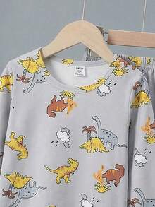 两件套男童宽松恐龙卡通印花长袖上衣和裤子睡衣套装，舒适针织面料，灰色和藏蓝色 - 彩色 - 查看 3