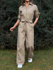 Livesso Women's Casual Denim Jumpsuit With Collar, Tie Waist - Beige - View 5