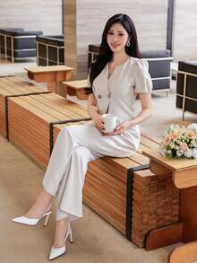 DAZY Bộ đồ nữ thanh lịch gồm áo sơ mi trơn màu và quần ống rộng, thích hợp cho mùa xuân/hè, váy dự tiệc cưới. - Màu be - Xem 8