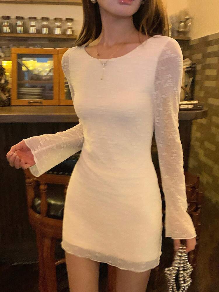 Women's Round Neck Lace Casual Long Sleeve Spring/Summer Korean Style Casual Long Sleeve Short Dress Sundress