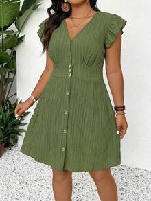 SHEIN Frenchy 大码女式休闲纯色V领短袖连衣裙 - 軍綠色 - 查看 1
