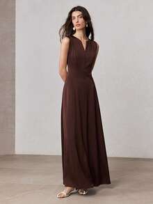 ZEYLAH Contrast Color Long Fitted Shawl Collar Dress, Spring - Mocha Brown - View 6