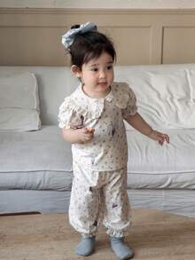 DAZY 2pcs Baby Girls' Peter Pan Collar Cartoon Print Long Sleeve T-Shirt & Ruffle Trim Pants Comfortable Homewear Set, Korean Style Toddler Girls Clothes - Beige - View 6