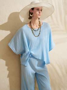 Airaco Set de 2 piezas con top texturizado con pliegues retorcidos y pantalones de pierna ancha - Azul - Ver 1