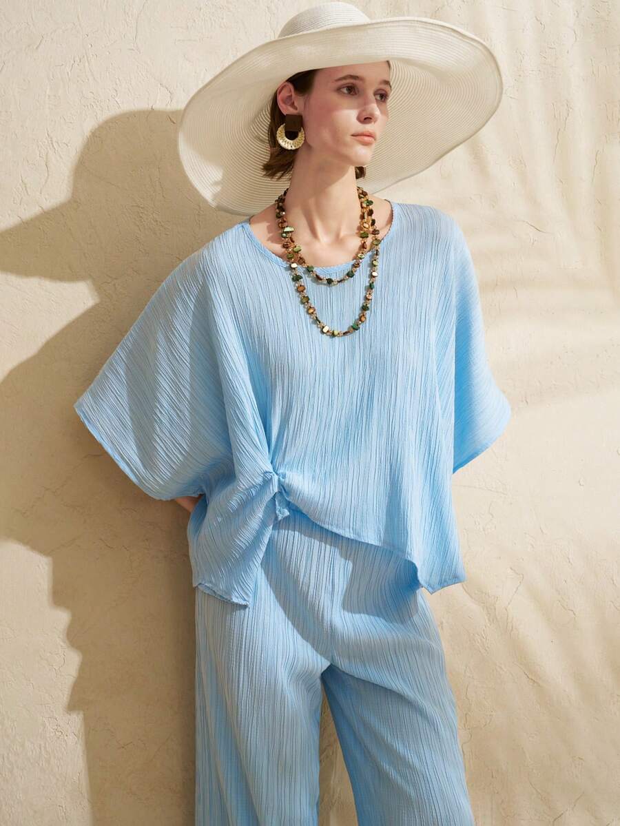 Airaco Set de 2 piezas con top texturizado con pliegues retorcidos y pantalones de pierna ancha - Azul - Ver 1