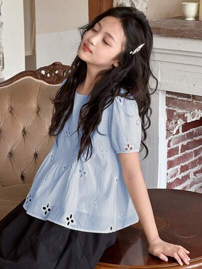 Dazy Kids Plus Size Girls' Cotton Embroidered Hollow Puff Sleeve Peter Pan Collar Shirt