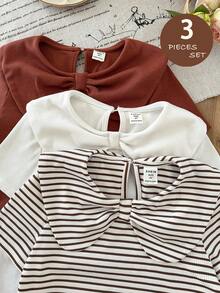 LMoss Kids LMoss  3pcs/Set Young Girl Solid Color Striped Collar Casual T-Shirt - Multicolor - View 1
