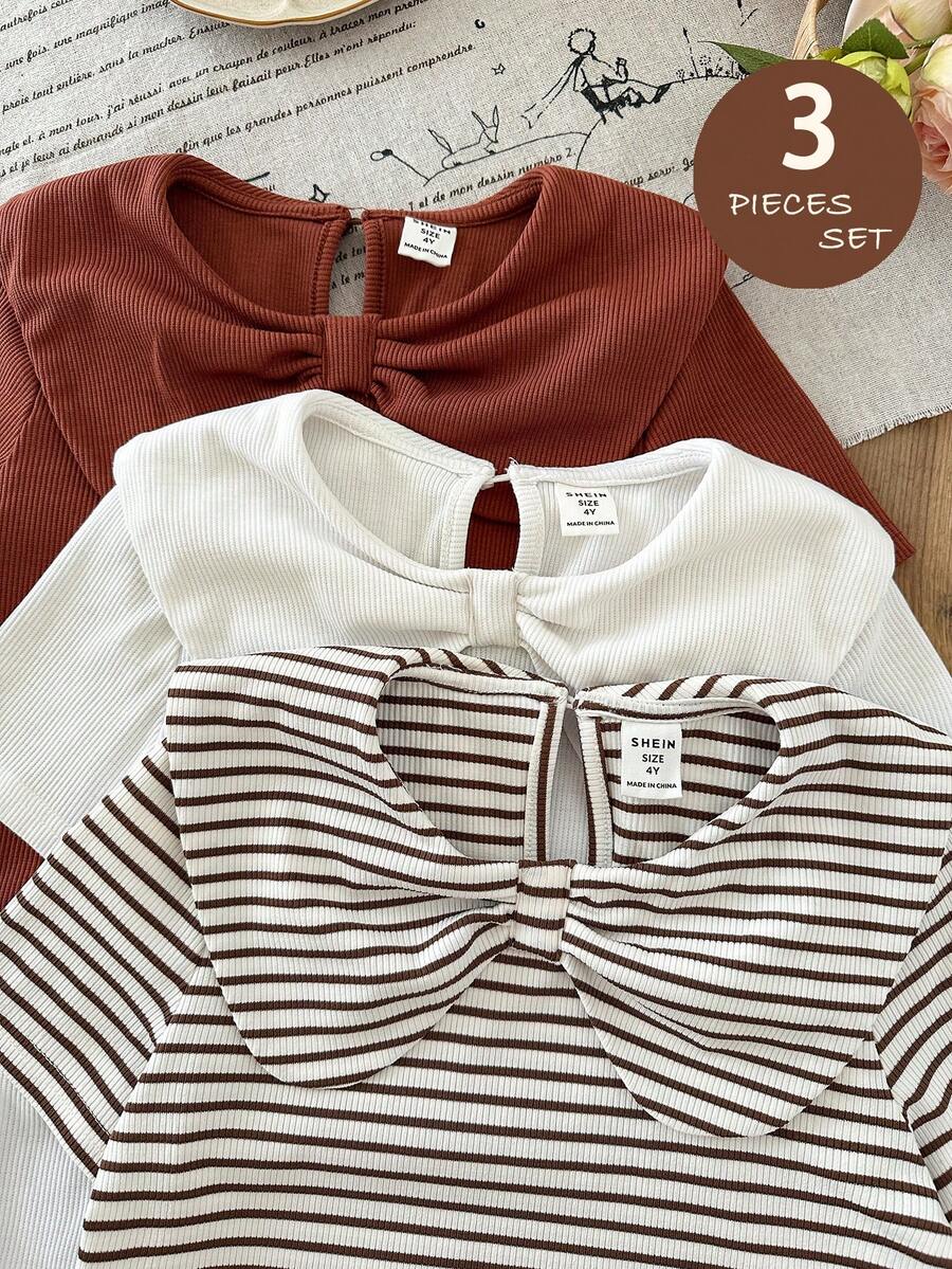 LMoss Kids LMoss  3pcs/Set Young Girl Solid Color Striped Collar Casual T-Shirt - Multicolor - View 1