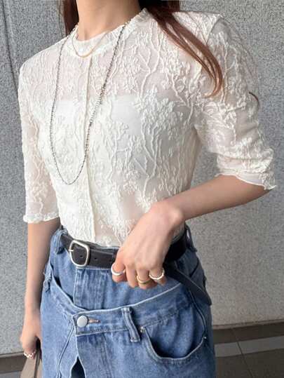 FRIFUL Women's Round Neck Lace Embroidered Fitted Short Sleeve Crop Top, Summer
