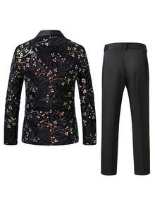 Manfinity AFTRDRK Sequin Patchwork Long Sleeve Blazer And Slant Pocket Pants Suit Set - Black - View 2