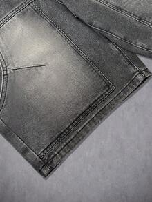 Manfinity Denimwave Men's Vintage Washed Gray Big Pocket Denim Shorts, Loose Fit Wide Leg Street Style, Summer - Grey - View 4