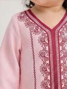 SHEIN Baby Girls' Pink Print V-Neck Long Sleeve Dress, Traditional Arab Clothing, Jalabiya, Abaya