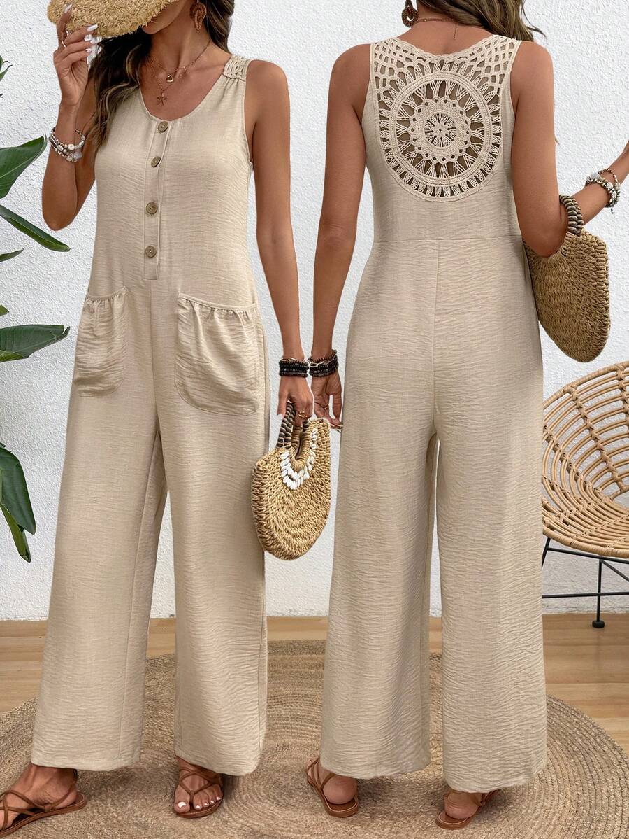 SHEIN Holidaya 女士休闲度假舒适外套，亚麻花卉拼接宽松阔腿连体裤，春夏款 - 杏色 - 查看 1