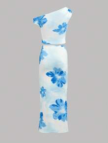 SHEIN Girlism 青少年女孩蓝色休闲花卉印花单肩不对称褶饰修身裙两件套，适合夏季、海滩度假 - 藍色 - 查看 2