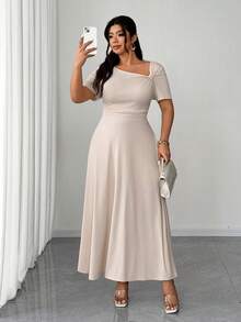 Elenzga 大码女式纯色春夏不对称肩部褶皱腰部短袖长款连衣裙，简约优雅的办公室着装 - 杏色 - 查看 1