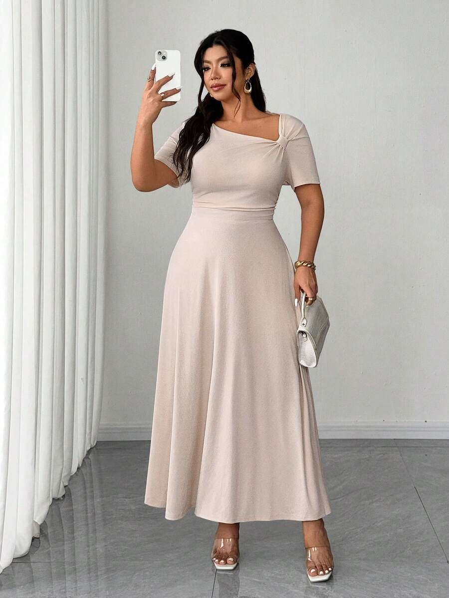 Elenzga 大码女式纯色春夏不对称肩部褶皱腰部短袖长款连衣裙，简约优雅的办公室着装 - 杏色 - 查看 1