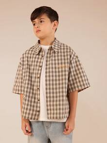 SUMWON Boys Plaid Button Down Short Sleeve Hiker Shirt With Chest Pocket Regular Fit Casual Collared Top - Khaki - View 5