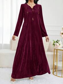 Al Najma Women's Elegant Party Fringe Decor Arabic Style Dress - Burgundy - View 5