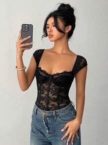 Aloruh 女士时尚法式性感蕾丝连体衣 - 黑色 - 查看 6