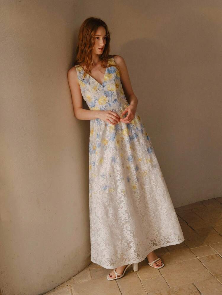 WOMEN'S V-NECK DITSY FLORAL WAIST CINCHED LONG DRESS