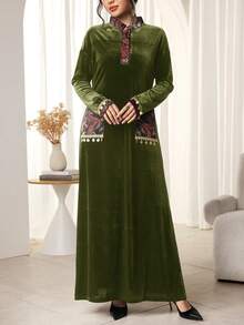 Al Najma Đầm dài tay kiểu Ả Rập cổ tàu in họa tiết đính sequin dành cho nữ - màu xanh lá - Xem 3