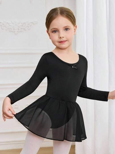 Girls' Long Sleeve Fitted Ballet Dress, High Stretch Fabric, Floral Decor On Front, Cute Young Girl Clothing. Girls' Black Leotard Ballet Dance Outfit