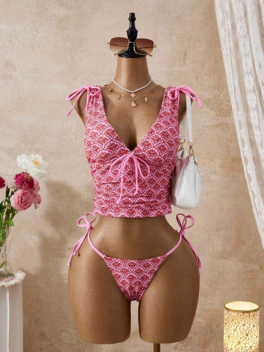 Bellisia Women's Retro Print Deep V-Neck Drawstring Ruched Backless Camisole & Tie-Side Triangle Bikini 2-Piece Swimwear Set, Spring/Summer - Multicolor - View 1
