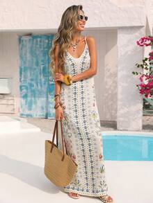 Vivid Eden V领露背休闲纹理面料连衣裙，适合女士外出和度假穿着 - 杏色 - 查看 10