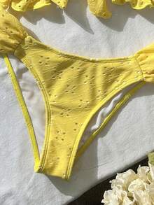 Swim Vcay Spring/Summer Solid Color Strap Jacquard Fabric Wireless Bow Decor Cute Beach Vacation Swimsuit Set