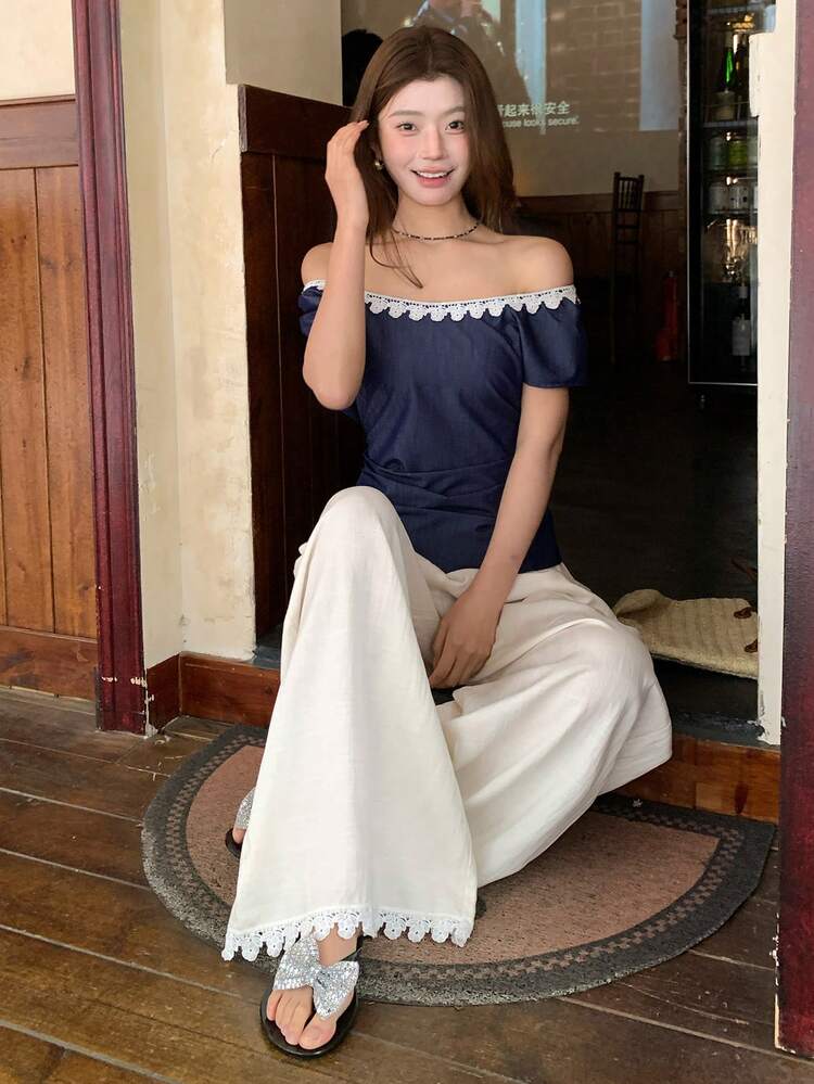 Women's Casual Lace Trim Shirt And Pants 2 Pieces Set, Summer