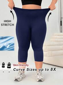 SHEIN CURVE+ 加大码女士黑色运动套装，紧身高弹七分裤，夏季/乡村/海滩度假装/沙滩装/沙滩服饰 - 藏蓝色 - 查看 9